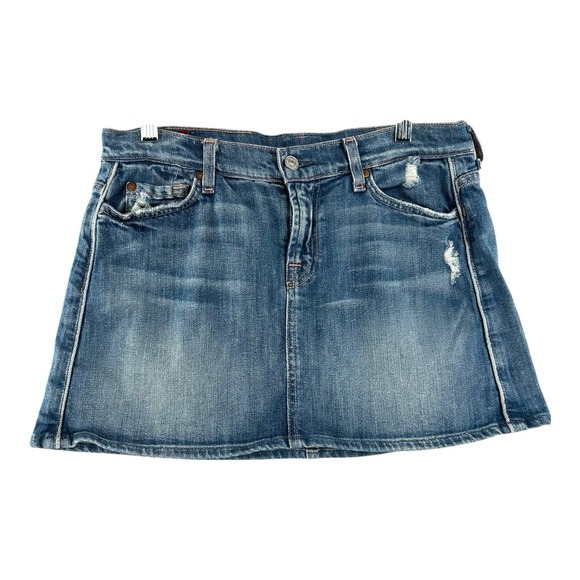 7 FOR ALL MANKIND Distressed Stretch Denim Mini Skirt Womens‎ Size 31 Y2K 90s - Picture 1 of 8